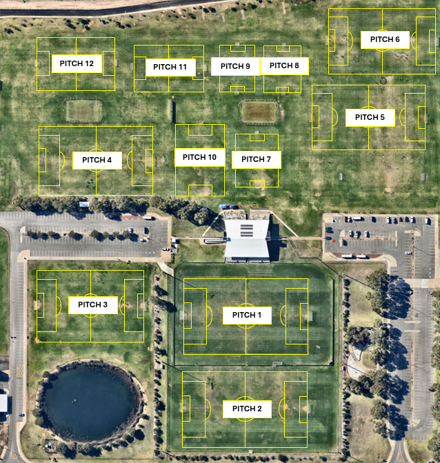 Lark Hill Sportsplex football pitch layout showing pitches 1 to 12